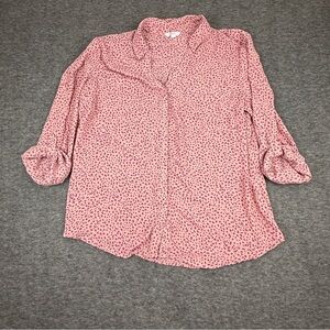 Candie’s 2 XL Button Down 3/4 Sleeve Blouse Roll Tab Pink Leopard Print